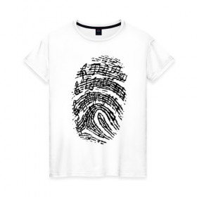 Женская футболка хлопок с принтом Музыкальный отпечаток в Санкт-Петербурге, 100% хлопок | прямой крой, круглый вырез горловины, длина до линии бедер, слегка спущенное плечо | музыка | музыкальный отпечаток | ноты | отпечаток