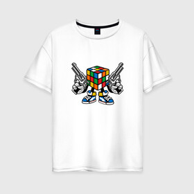 Женская футболка хлопок Oversize с принтом Кубик Рубика в Санкт-Петербурге, 100% хлопок | свободный крой, круглый ворот, спущенный рукав, длина до линии бедер
 | головоломка | кубик | пистолет | рубика