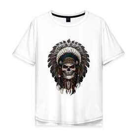 Мужская футболка хлопок Oversize с принтом Череп индеец в Санкт-Петербурге, 100% хлопок | свободный крой, круглый ворот, “спинка” длиннее передней части | америка | воин | иллюстрация | индеец | нативный американец | перья | череп
