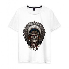 Мужская футболка хлопок с принтом Череп индеец в Санкт-Петербурге, 100% хлопок | прямой крой, круглый вырез горловины, длина до линии бедер, слегка спущенное плечо. | америка | воин | иллюстрация | индеец | нативный американец | перья | череп