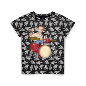 Детская футболка 3D с принтом Барабанщик в Санкт-Петербурге, 100% гипоаллергенный полиэфир | прямой крой, круглый вырез горловины, длина до линии бедер, чуть спущенное плечо, ткань немного тянется | punk | rock | коза | металл | музыка | музыкант | неформал | неформальная | пальцы | панк | панки | рок | тяжелая