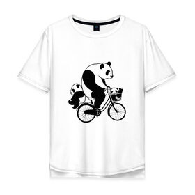 Мужская футболка хлопок Oversize с принтом Панда на велике в Санкт-Петербурге, 100% хлопок | свободный крой, круглый ворот, “спинка” длиннее передней части | Тематика изображения на принте: велосипед | детеныши панды | животные | медведи | панда | панда катается | панда на велике | три панды | черно белые
