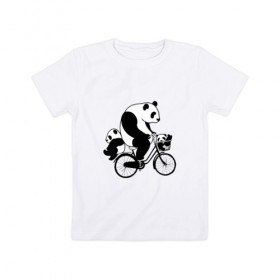 Детская футболка хлопок с принтом Панда на велике в Санкт-Петербурге, 100% хлопок | круглый вырез горловины, полуприлегающий силуэт, длина до линии бедер | велосипед | детеныши панды | животные | медведи | панда | панда катается | панда на велике | три панды | черно белые