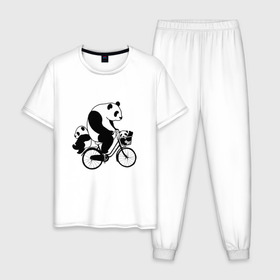 Мужская пижама хлопок с принтом Панда на велике в Санкт-Петербурге, 100% хлопок | брюки и футболка прямого кроя, без карманов, на брюках мягкая резинка на поясе и по низу штанин
 | велосипед | детеныши панды | животные | медведи | панда | панда катается | панда на велике | три панды | черно белые