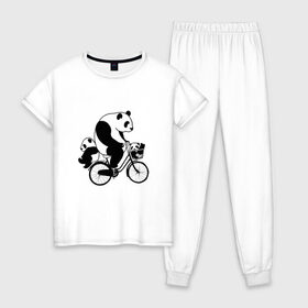 Женская пижама хлопок с принтом Панда на велике в Санкт-Петербурге, 100% хлопок | брюки и футболка прямого кроя, без карманов, на брюках мягкая резинка на поясе и по низу штанин | велосипед | детеныши панды | животные | медведи | панда | панда катается | панда на велике | три панды | черно белые