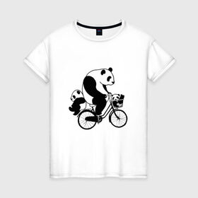 Женская футболка хлопок с принтом Панда на велике в Санкт-Петербурге, 100% хлопок | прямой крой, круглый вырез горловины, длина до линии бедер, слегка спущенное плечо | Тематика изображения на принте: велосипед | детеныши панды | животные | медведи | панда | панда катается | панда на велике | три панды | черно белые