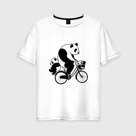 Женская футболка хлопок Oversize с принтом Панда на велике в Санкт-Петербурге, 100% хлопок | свободный крой, круглый ворот, спущенный рукав, длина до линии бедер
 | велосипед | детеныши панды | животные | медведи | панда | панда катается | панда на велике | три панды | черно белые