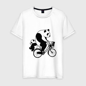 Мужская футболка хлопок с принтом Панда на велике в Санкт-Петербурге, 100% хлопок | прямой крой, круглый вырез горловины, длина до линии бедер, слегка спущенное плечо. | велосипед | детеныши панды | животные | медведи | панда | панда катается | панда на велике | три панды | черно белые
