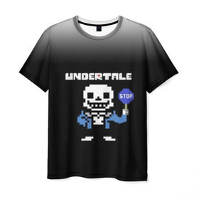 Мужская футболка 3D с принтом Undertale STOP. в Санкт-Петербурге, 100% полиэфир | прямой крой, круглый вырез горловины, длина до линии бедер | 3d | pixel | sans | stop | undertale | абстракция | алфавит | андертейл | буквы | геометрия | знак | игра | надпись | пиксель | пикселя | подземная история | текстура