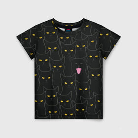 Детская футболка 3D с принтом Чёрные коты в Санкт-Петербурге, 100% гипоаллергенный полиэфир | прямой крой, круглый вырез горловины, длина до линии бедер, чуть спущенное плечо, ткань немного тянется | black | cat | eyes | halloween | kitten | look | magic | muzzle | mysticism | witch | witchcraft | yellow | ведьма | взгляд | глаза | желтый | колдовство | кот | котёнок | котик | кошачья | магия | мистика | хэллоуин | черный