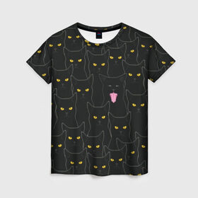 Женская футболка 3D с принтом Чёрные коты в Санкт-Петербурге, 100% полиэфир ( синтетическое хлопкоподобное полотно) | прямой крой, круглый вырез горловины, длина до линии бедер | Тематика изображения на принте: black | cat | eyes | halloween | kitten | look | magic | muzzle | mysticism | witch | witchcraft | yellow | ведьма | взгляд | глаза | желтый | колдовство | кот | котёнок | котик | кошачья | магия | мистика | хэллоуин | черный