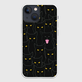 Чехол для iPhone 13 mini с принтом Чёрные коты в Санкт-Петербурге,  |  | black | cat | eyes | halloween | kitten | look | magic | muzzle | mysticism | witch | witchcraft | yellow | ведьма | взгляд | глаза | желтый | колдовство | кот | котёнок | котик | кошачья | магия | мистика | хэллоуин | черный