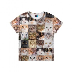 Детская футболка 3D с принтом Кошачий коллаж в Санкт-Петербурге, 100% гипоаллергенный полиэфир | прямой крой, круглый вырез горловины, длина до линии бедер, чуть спущенное плечо, ткань немного тянется | Тематика изображения на принте: breed | cat | cats | collage | eyes | fluffy | funny | kitten | look | meow | mustache | muzzle | photo | squares | взгляд | глаза | квадраты | коллаж | кот | котёнок | котики | кошка | мяу | порода | прикольный | пушистый | усы | фото