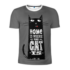 Мужская футболка 3D спортивная с принтом Дом там, где твой кот в Санкт-Петербурге, 100% полиэстер с улучшенными характеристиками | приталенный силуэт, круглая горловина, широкие плечи, сужается к линии бедра | Тематика изображения на принте: black | cat | cool | gray | kitten | motto | muzzle | slogan | text | white | белый | девиз | кот | котёнок | котик | кошачья | лозунг | прикольный | серый | текст | черный
