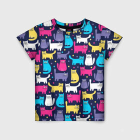 Детская футболка 3D с принтом Разноцветные котики в Санкт-Петербурге, 100% гипоаллергенный полиэфир | прямой крой, круглый вырез горловины, длина до линии бедер, чуть спущенное плечо, ткань немного тянется | Тематика изображения на принте: blue | cat | colorful | cool | dots | kitten | paws | pink | tail | torso | white | yellow | белый | желтый | кот | котёнок | котик | котэ | кошка | лапы | прикольный | разноцветный | розовый | синий | точки | туловище | хвост