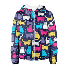 Женская куртка 3D с принтом Разноцветные котики в Санкт-Петербурге, ткань верха — 100% полиэстер, подклад — флис | прямой крой, подол и капюшон оформлены резинкой с фиксаторами, два кармана без застежек по бокам, один большой потайной карман на груди. Карман на груди застегивается на липучку | blue | cat | colorful | cool | dots | kitten | paws | pink | tail | torso | white | yellow | белый | желтый | кот | котёнок | котик | котэ | кошка | лапы | прикольный | разноцветный | розовый | синий | точки | туловище | хвост