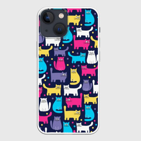 Чехол для iPhone 13 mini с принтом Разноцветные котики в Санкт-Петербурге,  |  | blue | cat | colorful | cool | dots | kitten | paws | pink | tail | torso | white | yellow | белый | желтый | кот | котёнок | котик | котэ | кошка | лапы | прикольный | разноцветный | розовый | синий | точки | туловище | хвост