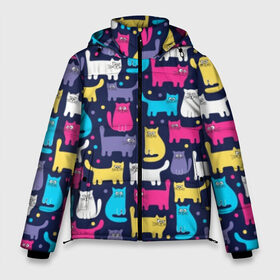 Мужская зимняя куртка 3D с принтом Разноцветные котики в Санкт-Петербурге, верх — 100% полиэстер; подкладка — 100% полиэстер; утеплитель — 100% полиэстер | длина ниже бедра, свободный силуэт Оверсайз. Есть воротник-стойка, отстегивающийся капюшон и ветрозащитная планка. 

Боковые карманы с листочкой на кнопках и внутренний карман на молнии. | blue | cat | colorful | cool | dots | kitten | paws | pink | tail | torso | white | yellow | белый | желтый | кот | котёнок | котик | котэ | кошка | лапы | прикольный | разноцветный | розовый | синий | точки | туловище | хвост