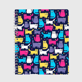 Тетрадь с принтом Разноцветные котики в Санкт-Петербурге, 100% бумага | 48 листов, плотность листов — 60 г/м2, плотность картонной обложки — 250 г/м2. Листы скреплены сбоку удобной пружинной спиралью. Уголки страниц и обложки скругленные. Цвет линий — светло-серый
 | blue | cat | colorful | cool | dots | kitten | paws | pink | tail | torso | white | yellow | белый | желтый | кот | котёнок | котик | котэ | кошка | лапы | прикольный | разноцветный | розовый | синий | точки | туловище | хвост