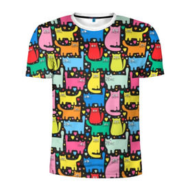 Мужская футболка 3D спортивная с принтом Разноцветные котики в Санкт-Петербурге, 100% полиэстер с улучшенными характеристиками | приталенный силуэт, круглая горловина, широкие плечи, сужается к линии бедра | Тематика изображения на принте: blue | cat | cool | green | heart | kitten | multi colored | paws | pink | points | red | tail | torso | white | yellow | белый | желтый | зеленый | кот | котёнок | котик | котэ | кошка | красный | лапы | прикольный | разноцветный | розовый | се
