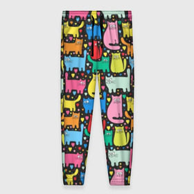 Женские брюки 3D с принтом Разноцветные котики в Санкт-Петербурге, полиэстер 100% | прямой крой, два кармана без застежек по бокам, с мягкой трикотажной резинкой на поясе и по низу штанин. В поясе для дополнительного комфорта — широкие завязки | blue | cat | cool | green | heart | kitten | multi colored | paws | pink | points | red | tail | torso | white | yellow | белый | желтый | зеленый | кот | котёнок | котик | котэ | кошка | красный | лапы | прикольный | разноцветный | розовый | се