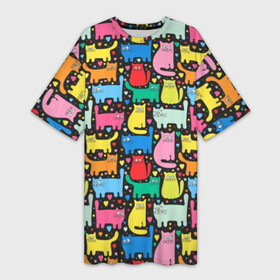 Платье-футболка 3D с принтом Разноцветные котики в Санкт-Петербурге,  |  | Тематика изображения на принте: blue | cat | cool | green | heart | kitten | multi colored | paws | pink | points | red | tail | torso | white | yellow | белый | желтый | зеленый | кот | котёнок | котик | котэ | кошка | красный | лапы | прикольный | разноцветный | розовый | се