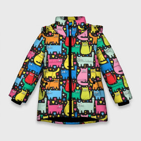 Зимняя куртка для девочек 3D с принтом Разноцветные котики в Санкт-Петербурге, ткань верха — 100% полиэстер; подклад — 100% полиэстер, утеплитель — 100% полиэстер. | длина ниже бедра, удлиненная спинка, воротник стойка и отстегивающийся капюшон. Есть боковые карманы с листочкой на кнопках, утяжки по низу изделия и внутренний карман на молнии. 

Предусмотрены светоотражающий принт на спинке, радужный светоотражающий элемент на пуллере молнии и на резинке для утяжки. | blue | cat | cool | green | heart | kitten | multi colored | paws | pink | points | red | tail | torso | white | yellow | белый | желтый | зеленый | кот | котёнок | котик | котэ | кошка | красный | лапы | прикольный | разноцветный | розовый | се