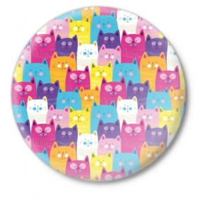 Значок с принтом Разноцветные котики в Санкт-Петербурге,  металл | круглая форма, металлическая застежка в виде булавки | blue | cat | colorful | cool | cute | funny | kitten | orange | paws | pink | purple | smile | tail | torso | white | yellow | белый | желтый | забавный | кот | котёнок | котик | котэ | кошка | лапы | милый | оранжевый | прикольный | разноцветны