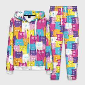 Мужской костюм 3D с принтом Разноцветные котики в Санкт-Петербурге, 100% полиэстер | Манжеты и пояс оформлены тканевой резинкой, двухслойный капюшон со шнурком для регулировки, карманы спереди | blue | cat | colorful | cool | cute | funny | kitten | orange | paws | pink | purple | smile | tail | torso | white | yellow | белый | желтый | забавный | кот | котёнок | котик | котэ | кошка | лапы | милый | оранжевый | прикольный | разноцветны
