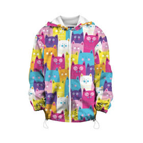 Детская куртка 3D с принтом Разноцветные котики в Санкт-Петербурге, 100% полиэстер | застежка — молния, подол и капюшон оформлены резинкой с фиксаторами, по бокам — два кармана без застежек, один потайной карман на груди, плотность верхнего слоя — 90 г/м2; плотность флисового подклада — 260 г/м2 | blue | cat | colorful | cool | cute | funny | kitten | orange | paws | pink | purple | smile | tail | torso | white | yellow | белый | желтый | забавный | кот | котёнок | котик | котэ | кошка | лапы | милый | оранжевый | прикольный | разноцветны