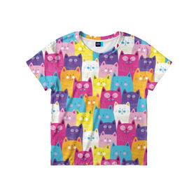 Детская футболка 3D с принтом Разноцветные котики в Санкт-Петербурге, 100% гипоаллергенный полиэфир | прямой крой, круглый вырез горловины, длина до линии бедер, чуть спущенное плечо, ткань немного тянется | Тематика изображения на принте: blue | cat | colorful | cool | cute | funny | kitten | orange | paws | pink | purple | smile | tail | torso | white | yellow | белый | желтый | забавный | кот | котёнок | котик | котэ | кошка | лапы | милый | оранжевый | прикольный | разноцветны