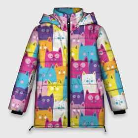 Женская зимняя куртка 3D с принтом Разноцветные котики в Санкт-Петербурге, верх — 100% полиэстер; подкладка — 100% полиэстер; утеплитель — 100% полиэстер | длина ниже бедра, силуэт Оверсайз. Есть воротник-стойка, отстегивающийся капюшон и ветрозащитная планка. 

Боковые карманы с листочкой на кнопках и внутренний карман на молнии | blue | cat | colorful | cool | cute | funny | kitten | orange | paws | pink | purple | smile | tail | torso | white | yellow | белый | желтый | забавный | кот | котёнок | котик | котэ | кошка | лапы | милый | оранжевый | прикольный | разноцветны
