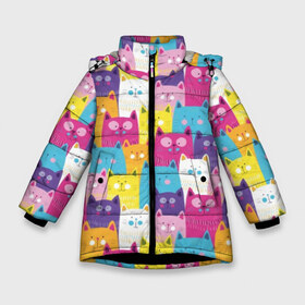 Зимняя куртка для девочек 3D с принтом Разноцветные котики в Санкт-Петербурге, ткань верха — 100% полиэстер; подклад — 100% полиэстер, утеплитель — 100% полиэстер. | длина ниже бедра, удлиненная спинка, воротник стойка и отстегивающийся капюшон. Есть боковые карманы с листочкой на кнопках, утяжки по низу изделия и внутренний карман на молнии. 

Предусмотрены светоотражающий принт на спинке, радужный светоотражающий элемент на пуллере молнии и на резинке для утяжки. | blue | cat | colorful | cool | cute | funny | kitten | orange | paws | pink | purple | smile | tail | torso | white | yellow | белый | желтый | забавный | кот | котёнок | котик | котэ | кошка | лапы | милый | оранжевый | прикольный | разноцветны