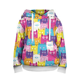 Детская толстовка 3D с принтом Разноцветные котики в Санкт-Петербурге, 100% полиэстер | двухслойный капюшон со шнурком для регулировки, мягкие манжеты на рукавах и по низу толстовки, спереди карман-кенгуру с мягким внутренним слоем | Тематика изображения на принте: blue | cat | colorful | cool | cute | funny | kitten | orange | paws | pink | purple | smile | tail | torso | white | yellow | белый | желтый | забавный | кот | котёнок | котик | котэ | кошка | лапы | милый | оранжевый | прикольный | разноцветны