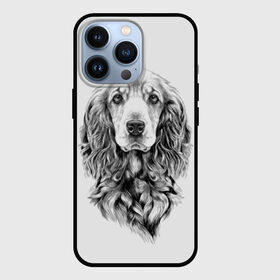 Чехол для iPhone 13 Pro с принтом Кокер спаниель в Санкт-Петербурге,  |  | Тематика изображения на принте: animal | black | breed | cocker spaniel | cool | dog | eyes | interesting | look | muzzle | white | wool | белый | взгляд | глаза | животное | интересный | кокер спаниель | пёс | порода | прикольный | псина | собака | собакен | черный | шерсть