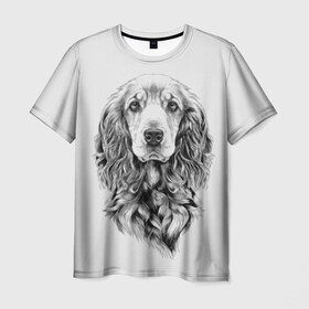 Мужская футболка 3D с принтом Кокер спаниель в Санкт-Петербурге, 100% полиэфир | прямой крой, круглый вырез горловины, длина до линии бедер | animal | black | breed | cocker spaniel | cool | dog | eyes | interesting | look | muzzle | white | wool | белый | взгляд | глаза | животное | интересный | кокер спаниель | пёс | порода | прикольный | псина | собака | собакен | черный | шерсть