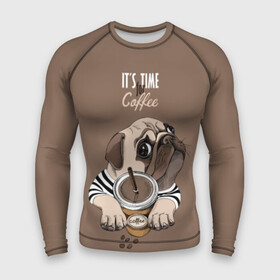 Мужской рашгард 3D с принтом It s time for coffee в Санкт-Петербурге,  |  | attractive face | breed | chocolate | coffee | cream | cute | dog | glance | motto | paws | pug | slogan | text | взгляд | девиз | кофе | кремовый | лапы | милый | мопс | пёс | порода | слоган | собака | текст | шоколадный