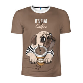 Мужская футболка 3D спортивная с принтом It`s time for coffee в Санкт-Петербурге, 100% полиэстер с улучшенными характеристиками | приталенный силуэт, круглая горловина, широкие плечи, сужается к линии бедра | attractive face | breed | chocolate | coffee | cream | cute | dog | glance | motto | paws | pug | slogan | text | взгляд | девиз | кофе | кремовый | лапы | милый | мопс | пёс | порода | слоган | собака | текст | шоколадный