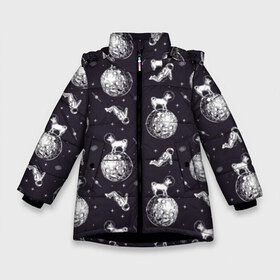 Зимняя куртка для девочек 3D с принтом Собаки - астронавты в Санкт-Петербурге, ткань верха — 100% полиэстер; подклад — 100% полиэстер, утеплитель — 100% полиэстер. | длина ниже бедра, удлиненная спинка, воротник стойка и отстегивающийся капюшон. Есть боковые карманы с листочкой на кнопках, утяжки по низу изделия и внутренний карман на молнии. 

Предусмотрены светоотражающий принт на спинке, радужный светоотражающий элемент на пуллере молнии и на резинке для утяжки. | Тематика изображения на принте: astronaut | black | breed | chihuahua | dog | flight | galaxy | helmet | planet | space | spacesuit | white | астронавт | белый | галактика | космос | пёс | планета | полёт | порода | скафандр | собака | черный | чихуахуа | шлем