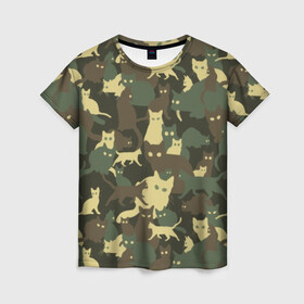 Женская футболка 3D с принтом Кошачий камуфляж в Санкт-Петербурге, 100% полиэфир ( синтетическое хлопкоподобное полотно) | прямой крой, круглый вырез горловины, длина до линии бедер | animal | camouflage | cat | funny | green | khaki | marsh | silhouette | болотный | животное | забавный | зеленый | камуфляж | кот | котик | силуэт | хаки