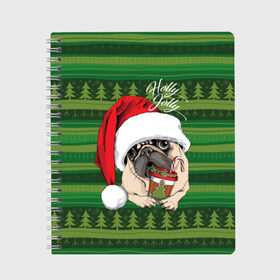 Тетрадь с принтом Holly Jolly в Санкт-Петербурге, 100% бумага | 48 листов, плотность листов — 60 г/м2, плотность картонной обложки — 250 г/м2. Листы скреплены сбоку удобной пружинной спиралью. Уголки страниц и обложки скругленные. Цвет линий — светло-серый
 | animal | breed | christmas | cozy | dog | family | green | holiday | home | new year | pug | red | tree | white | winter | белый | домашний | ёлки | животное | зеленый | зима | красный | мопс | новый год | порода | праздник | рождество | семейный | собака
