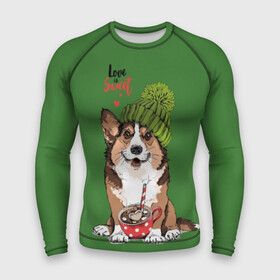 Мужской рашгард 3D с принтом Love is sweet в Санкт-Петербурге,  |  | animal | breed | brown | corgi | cute | dog | funny | green | hat | heart | slogan | text | white | белый | животное | забавный | зеленый | корги | коричневый | милый | пёс | порода | сердце | слоган | собака | текст | шапка