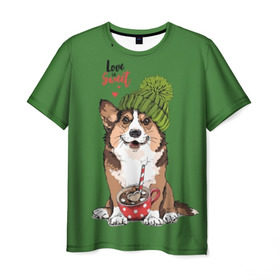 Мужская футболка 3D с принтом Love is sweet в Санкт-Петербурге, 100% полиэфир | прямой крой, круглый вырез горловины, длина до линии бедер | animal | breed | brown | corgi | cute | dog | funny | green | hat | heart | slogan | text | white | белый | животное | забавный | зеленый | корги | коричневый | милый | пёс | порода | сердце | слоган | собака | текст | шапка