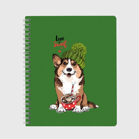 Тетрадь с принтом Love is sweet в Санкт-Петербурге, 100% бумага | 48 листов, плотность листов — 60 г/м2, плотность картонной обложки — 250 г/м2. Листы скреплены сбоку удобной пружинной спиралью. Уголки страниц и обложки скругленные. Цвет линий — светло-серый
 | animal | breed | brown | corgi | cute | dog | funny | green | hat | heart | slogan | text | white | белый | животное | забавный | зеленый | корги | коричневый | милый | пёс | порода | сердце | слоган | собака | текст | шапка