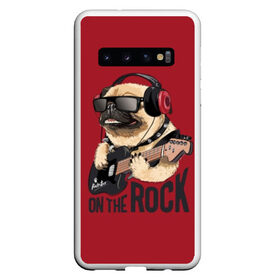 Чехол для Samsung Galaxy S10 с принтом On the rock в Санкт-Петербурге, Силикон | Область печати: задняя сторона чехла, без боковых панелей | animal | black | breed | cool | dog | guitar | headphones | motto | music | pug | red | rock | rock star | slogan | text | гитара | девиз | животное | красный | крутой | мопс | музыка | наушники | очки | порода | рок | рок звезда | слоган | соба