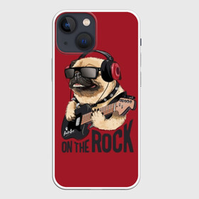 Чехол для iPhone 13 mini с принтом On the rock в Санкт-Петербурге,  |  | animal | black | breed | cool | dog | guitar | headphones | motto | music | pug | red | rock | rock star | slogan | text | гитара | девиз | животное | красный | крутой | мопс | музыка | наушники | очки | порода | рок | рок звезда | слоган | соба