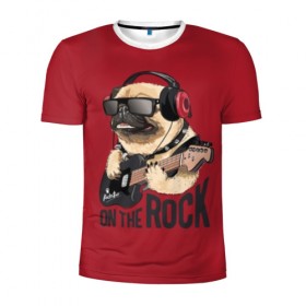 Мужская футболка 3D спортивная с принтом On the rock в Санкт-Петербурге, 100% полиэстер с улучшенными характеристиками | приталенный силуэт, круглая горловина, широкие плечи, сужается к линии бедра | Тематика изображения на принте: animal | black | breed | cool | dog | guitar | headphones | motto | music | pug | red | rock | rock star | slogan | text | гитара | девиз | животное | красный | крутой | мопс | музыка | наушники | очки | порода | рок | рок звезда | слоган | соба