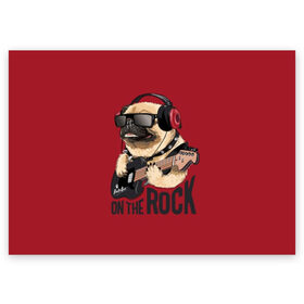 Поздравительная открытка с принтом On the rock в Санкт-Петербурге, 100% бумага | плотность бумаги 280 г/м2, матовая, на обратной стороне линовка и место для марки
 | animal | black | breed | cool | dog | guitar | headphones | motto | music | pug | red | rock | rock star | slogan | text | гитара | девиз | животное | красный | крутой | мопс | музыка | наушники | очки | порода | рок | рок звезда | слоган | соба