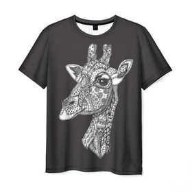 Мужская футболка 3D с принтом Жираф в Санкт-Петербурге, 100% полиэфир | прямой крой, круглый вырез горловины, длина до линии бедер | animal | black | drawing | ethnic | eyes | giraffe | look | muzzle | pattern | safari | white | zendudl | белый | взгляд | глаза | животное | жираф | зендудл | рисунок | сафари | узор | черный | этнический