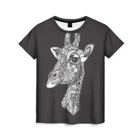 Женская футболка 3D с принтом Жираф в Санкт-Петербурге, 100% полиэфир ( синтетическое хлопкоподобное полотно) | прямой крой, круглый вырез горловины, длина до линии бедер | animal | black | drawing | ethnic | eyes | giraffe | look | muzzle | pattern | safari | white | zendudl | белый | взгляд | глаза | животное | жираф | зендудл | рисунок | сафари | узор | черный | этнический